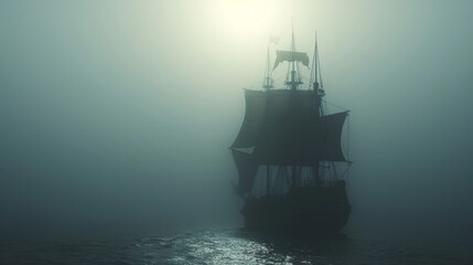 Obraz premium Sailing ship in sea water in heavy fog.