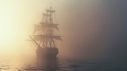Fototapeta premium Sailing ship in sea water in heavy fog at sunset.