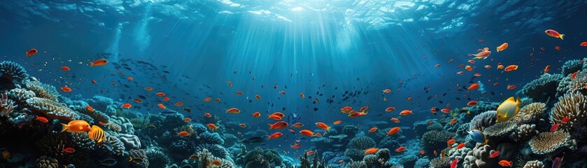 Fototapeta premium Underwater aquatic backgrounds with schools of fish and marine life, ideal for ad visuals, focus on serenity, surreal, composite, deep ocean backdrop