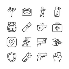 Self-Defense and Safety, icon set. Protection and Security. Martial Arts Techniques, SOS Button, Pepper Spray, Bulletproof Vest, Flashlight, Whistle, Tracker, Handgun, Hand Signal. Editable stroke