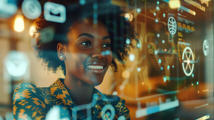 Close up of a young black woman using a translucent augmented reality display with light blue icons an information overlaying her face.
