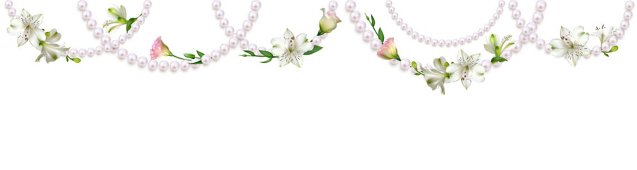 Fototapeta premium Pearl. White and pink flowers. Lilies. Roses. Garland of flowers and pearls. Beautiful floral background. Jewelry. Decorations.