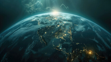 Obraz premium Panoramic view on planet Earth globe from space with rising sun. Glowing city lights, light clouds. Generative AI