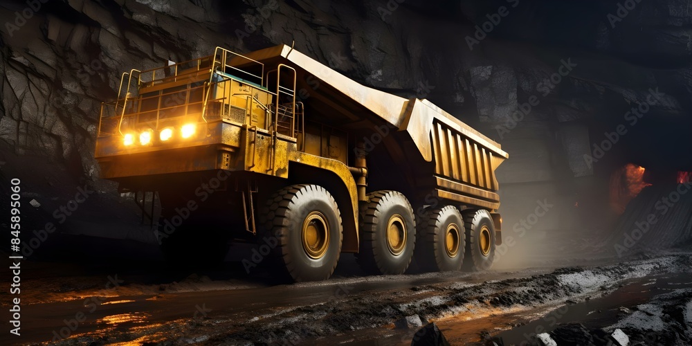 Poster capturing the panoramic scene of a large mining dump truck in an open pit coal mine. concept mining 