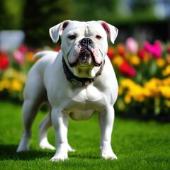 An American bulldog in a colorful garden, an image generated by artificial intelligence