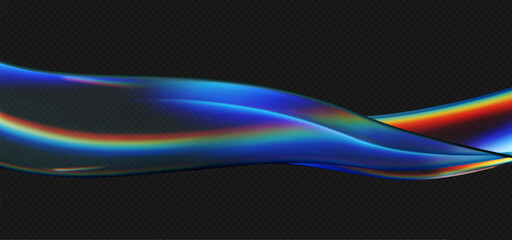 3d crystal glass liquid wave with refraction and holographic effect isolated on dark background. Render transparent glass ribbon, fluid splash with rainbow gradient flying in motion. 3d vector figure