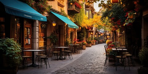 Fototapeta premium Cozy traditioanal european city small town walk path street with many tables and chairs restaurants background