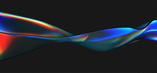 3d crystal glass liquid wave with refraction and holographic effect isolated on dark background. Render transparent glass ribbon, fluid splash with rainbow gradient flying in motion. 3d vector figure