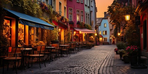 Fototapeta premium Cozy traditioanal european city small town walk path street with many tables and chairs restaurants background