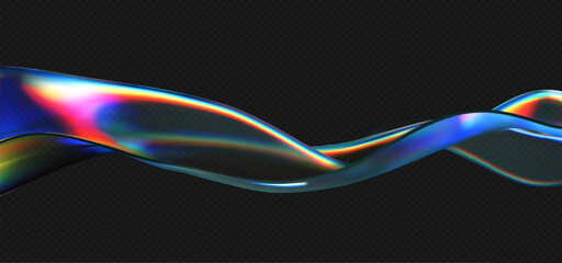 3d crystal glass liquid wave with refraction and holographic effect isolated on dark background. Render transparent glass ribbon, fluid splash with rainbow gradient flying in motion. 3d vector figure