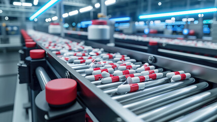 Fototapeta premium Pharmaceutical Industry's State-of-the-Art Factory with Pills on Conveyor, generative ai