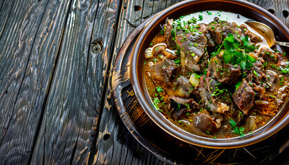 Ishkembe Chorbasi, - Turkish offal soup with garlic and vinegar, served for dinner, close-up of the dish on an old dark rough wooden table
