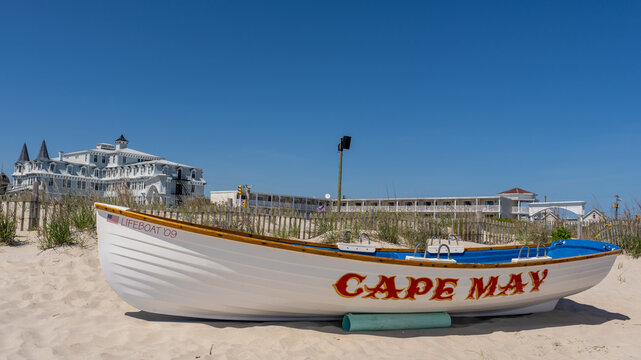 Cape May, NJ - May 21, 2024:Cape May lifeboat on the beach