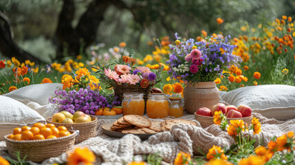 Fototapeta premium A colorful springtime picnic with flowers, fresh fruits, and a cheerful atmosphere