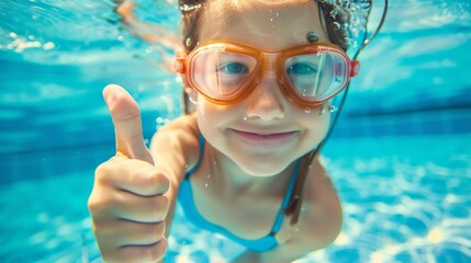 Naklejka premium Underwater portrait of happy girl with thumbs up gesture in swimming pool.