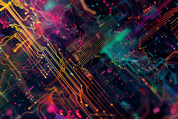 nspired by electronic circuits, with lines, dots, and patterns imitating electrical pathways and microchips, creating a modern and high-tech visual effect