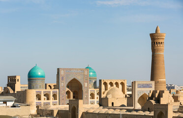 Bukhara, Uzbekistan Aerial view of Mir-i-Arab Madrasa Kalyan minaret and Poi Kalyan Mosque and Ark of Bukhara.