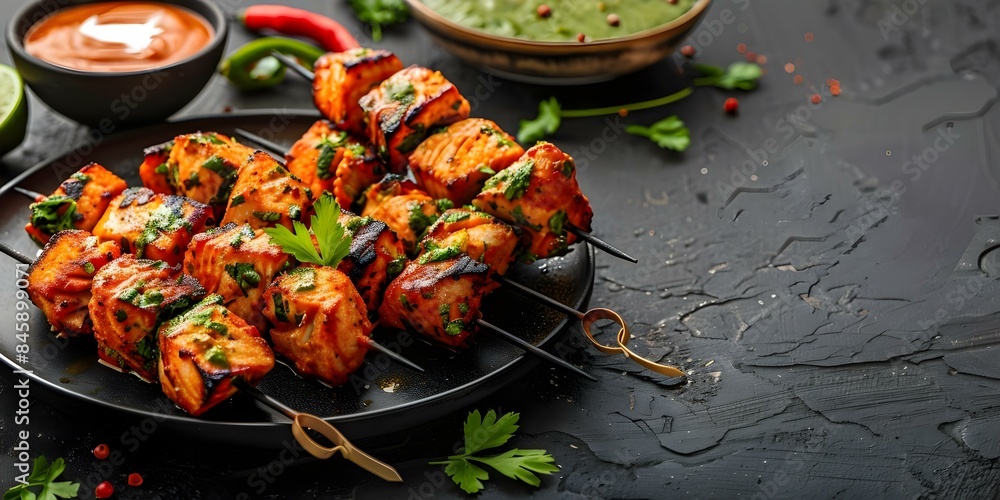 Wall mural Aromatic Marinated Salmon Tikka A Delicious Experience in Traditional Indian Cuisine. Concept Indian Cuisine, Marinated Salmon, Tikka Recipe, Aromatic Flavor, Traditional Cooking - Wall murals
