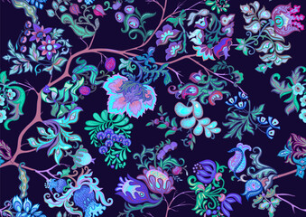Fantasy, alien flowers, decorative flowers and leaves. Cartoon style. Millefleurs trendy floral design. Seamless pattern, background. Vector illustration.