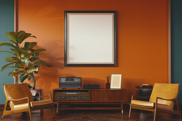 Mockup of a blank white poster frame on the wall in a mid century modern living room with leather chairs, wood sideboard, retro speaker and plant