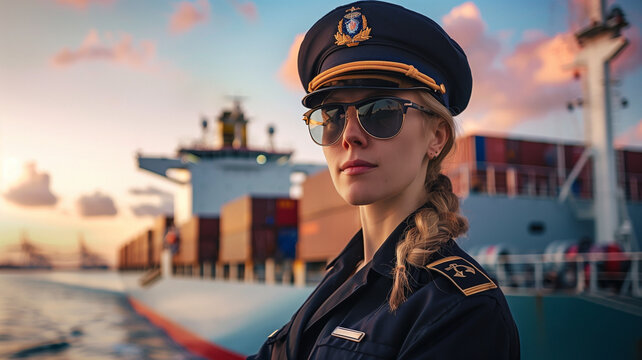 Blonde female cargo container ship captain standing proudly in front of her ship while wearing her uniform and aviator sunglasses at sunset.