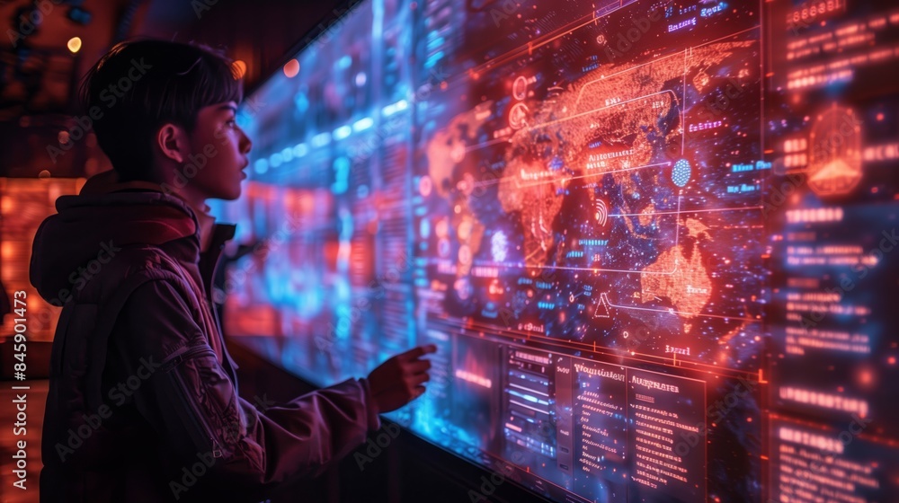 Poster a student interacts with a holographic world map displayed on a large screen in a social studies cla