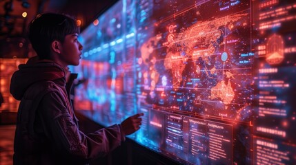 A student interacts with a holographic world map displayed on a large screen in a social studies class.