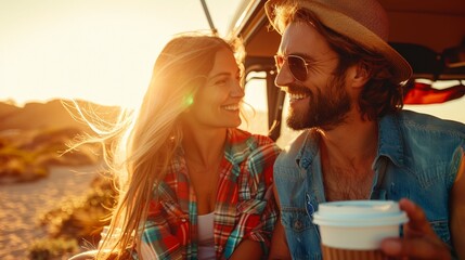 Lovely couple rest with camper van in camp site at sunset.