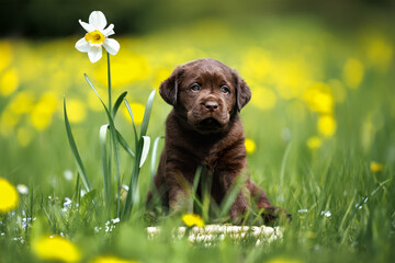 chocolate labrador puppy posing on grass with a daffodil in summer