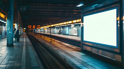 Blank banner, billboard poster mockup, train station, advertising poster, empty subway station, bus stop shelter, outdoor media display space