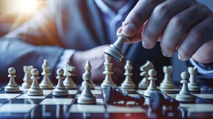 Businessman hands holding chess strategy on challenge with teamwork leadership idea planning or intelligence victory competition.