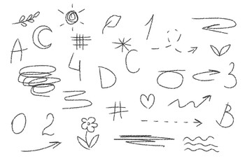  charcoal, chalk or wax pencil on paper. Letter, number, drawing cute.