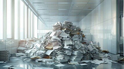 A large pile of paper sits in the middle of an office hallway. It is surrounded by other stacks of paper and some loose papers scattered on the floor.