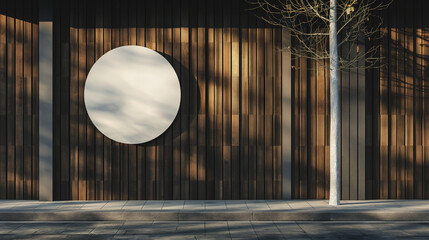 A wooden wall hosts a circular mockup signboard, awaiting a storefront's branding in a street setting