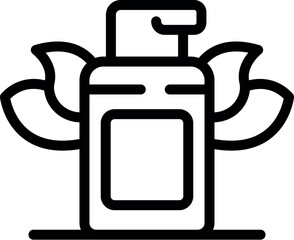 Naklejka premium Line drawing of a dispenser containing cosmetic product with leaves on each side, evoking nature and ecology