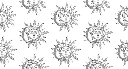 Seamless pattern. Sun and moon together. Linear illustration. With a human face. Graphic arts. Fairytale wallpaper.