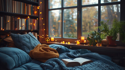 A cozy, inviting reading nook with soft lighting, comfortable cushions, and a stack of books, promoting relaxation