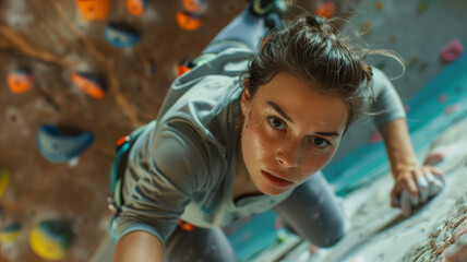 Looking down on a young determined Caucasian woman high on a climbing wall at a gym.