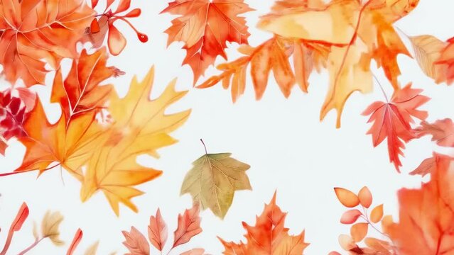 A beautiful frame of red and orange maple leaves arranged around a white background. The image captures the essence of fall with various autumn leaves forming