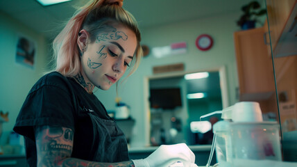 Gen-z female tattoo sanitizing equipment in her studio.