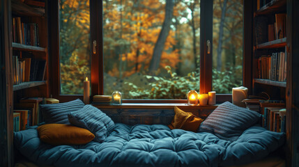 A cozy, inviting reading nook with soft lighting, comfortable cushions, and a stack of books, promoting relaxation