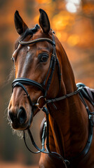 Obraz premium Autumn Equestrian Beauty: Elegant Show Jumper Horse in Bridled Tack during Sunset in Forest Setting, Capturing Grace and Nobility of Equestrian Sports