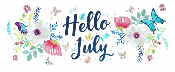cute lettering "Hello July", flowers and a butterfly around the text on a white background Generative AI