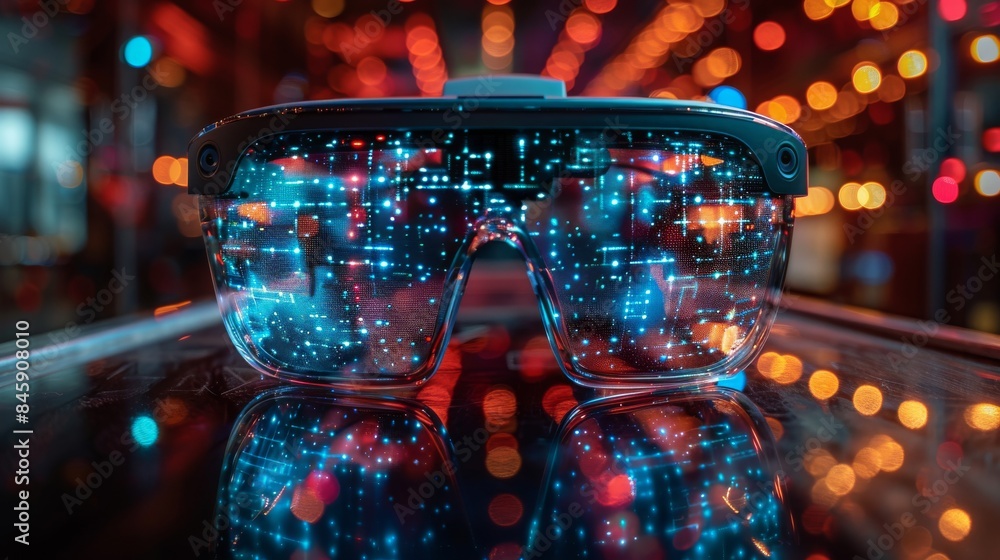 Poster a close-up of a virtual reality headset with a holographic display showing a digital pattern. the he
