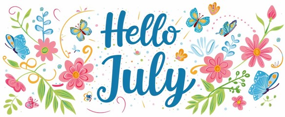 A cute and colorful illustration of the text "Hello July" with flowers, butterflies, leaves and swirls in pastel colors Generative AI