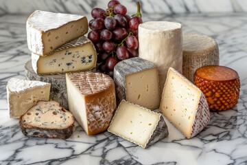 Assorted Cheese Varieties Displayed on Marble Counter with Grapes
