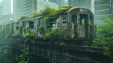 Abandoned subway train with city debris with green plants growing. Post apocalypse scene.