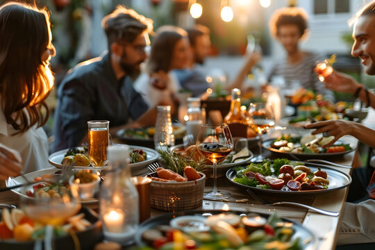 A group of people are gathered around a long table with food and drinks