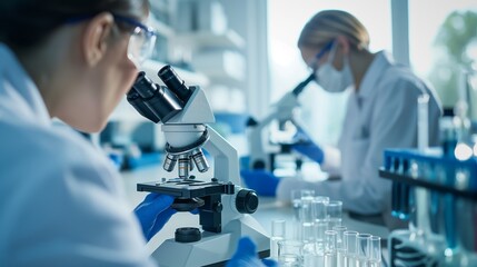 A modern medical laboratory, scientists work with microscopes and test tubes