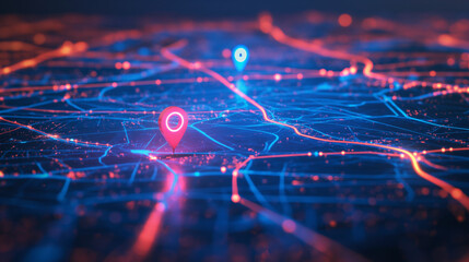 A digital map displaying a location with two pins set, representing AI technology in GPS, innovation in delivery services, and map location for future transport logistics
